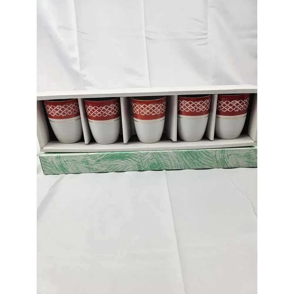 Japanese Ceramic Tea Cup Set of 5 Red White Lattice Gold Rim Signed with Box‎